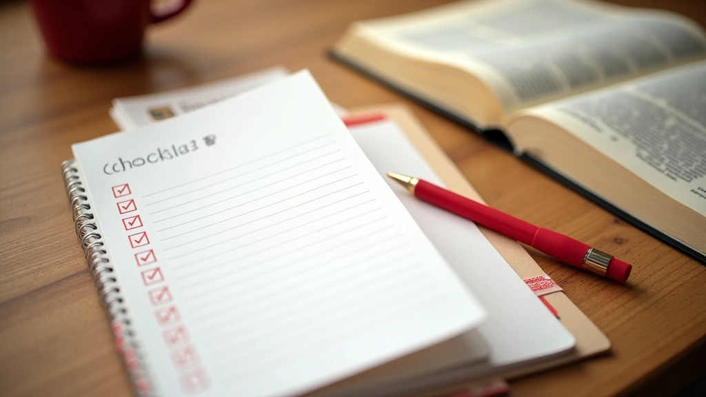 Caderno com lista de verificação de gramática ao lado de caneta vermelha de correção e dicionário aberto