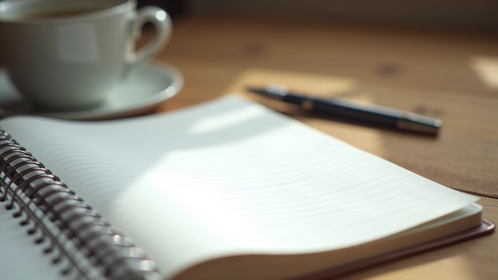 Caderno aberto com anotações de gramática inglesa em cima de uma mesa de madeira ao lado de xícara de café