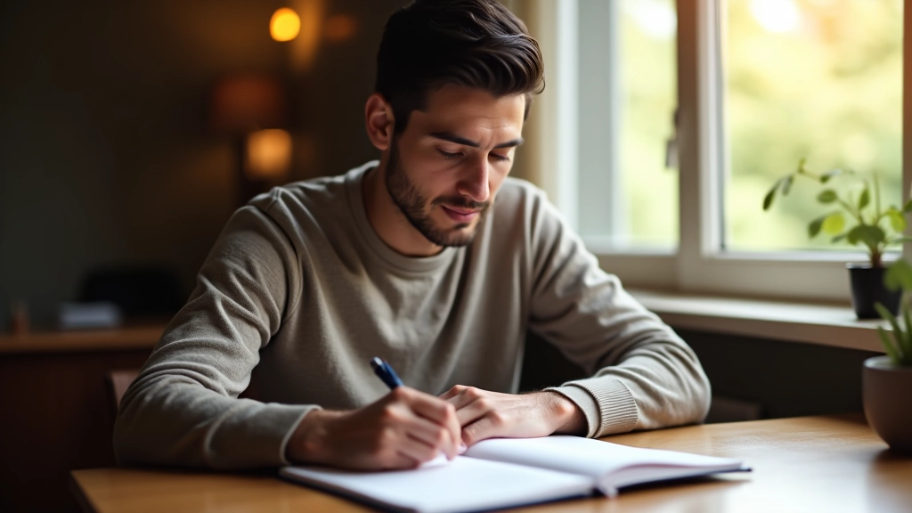 Pessoa a estudar gramática inglesa com livros e caderno numa mesa de trabalho bem iluminada