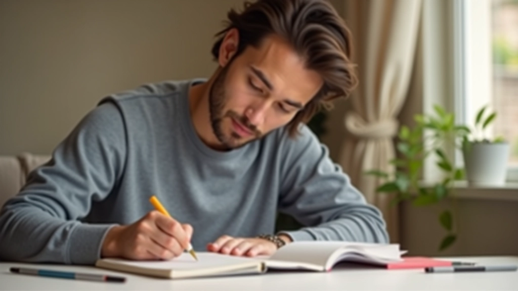 Pessoa a escrever num caderno com múltiplos marcadores de cores diferentes, focada na aprendizagem de inglês