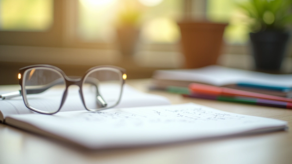 Primeiroplano de óculos de leitura ao lado de um bloco de notas com anotações e canetas de cores diferentes